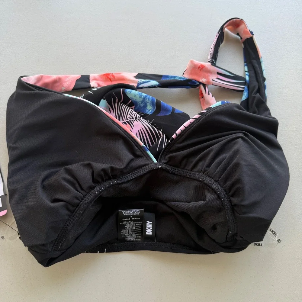 DKNY Women S Black Pink Blue Tropical Floral Halter One Piece Swimsuit Beach NWT - Picture 5 of 13